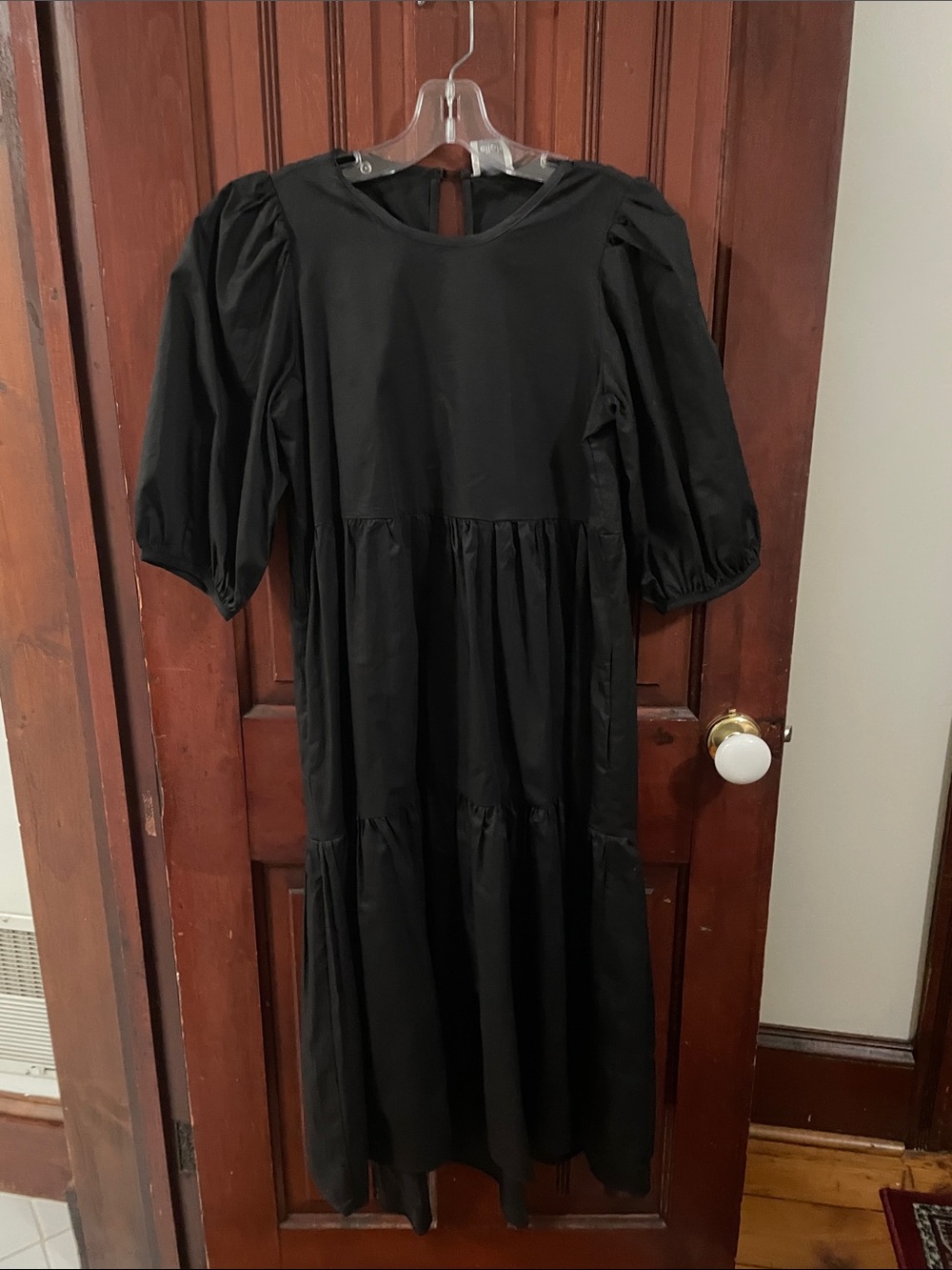 Black Tiered Puff-Sleeve Midi Dress
